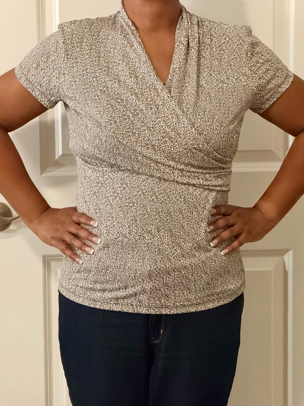 DKNY Beige Speckle Wrap-Front Short-Sleeve Top